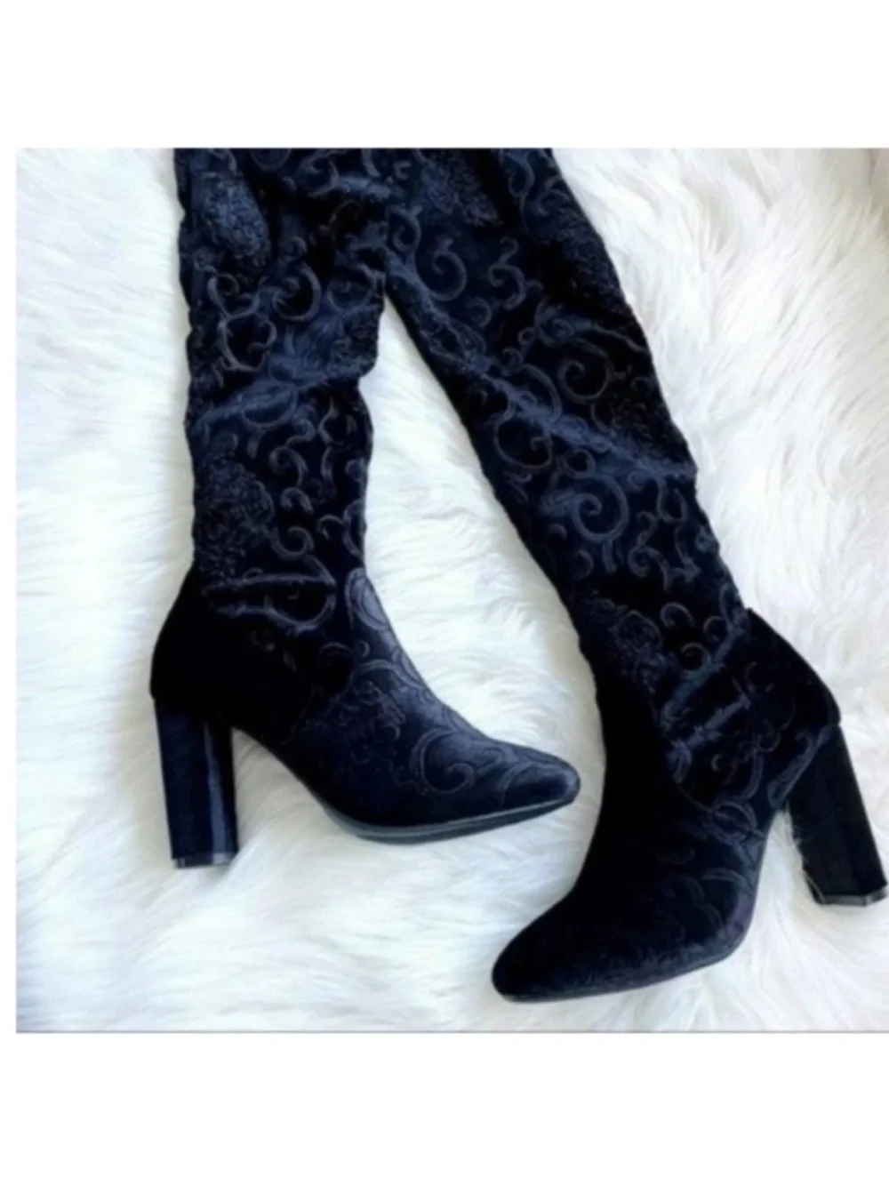 Black embroidered over the knee boots chunky block heel velvet